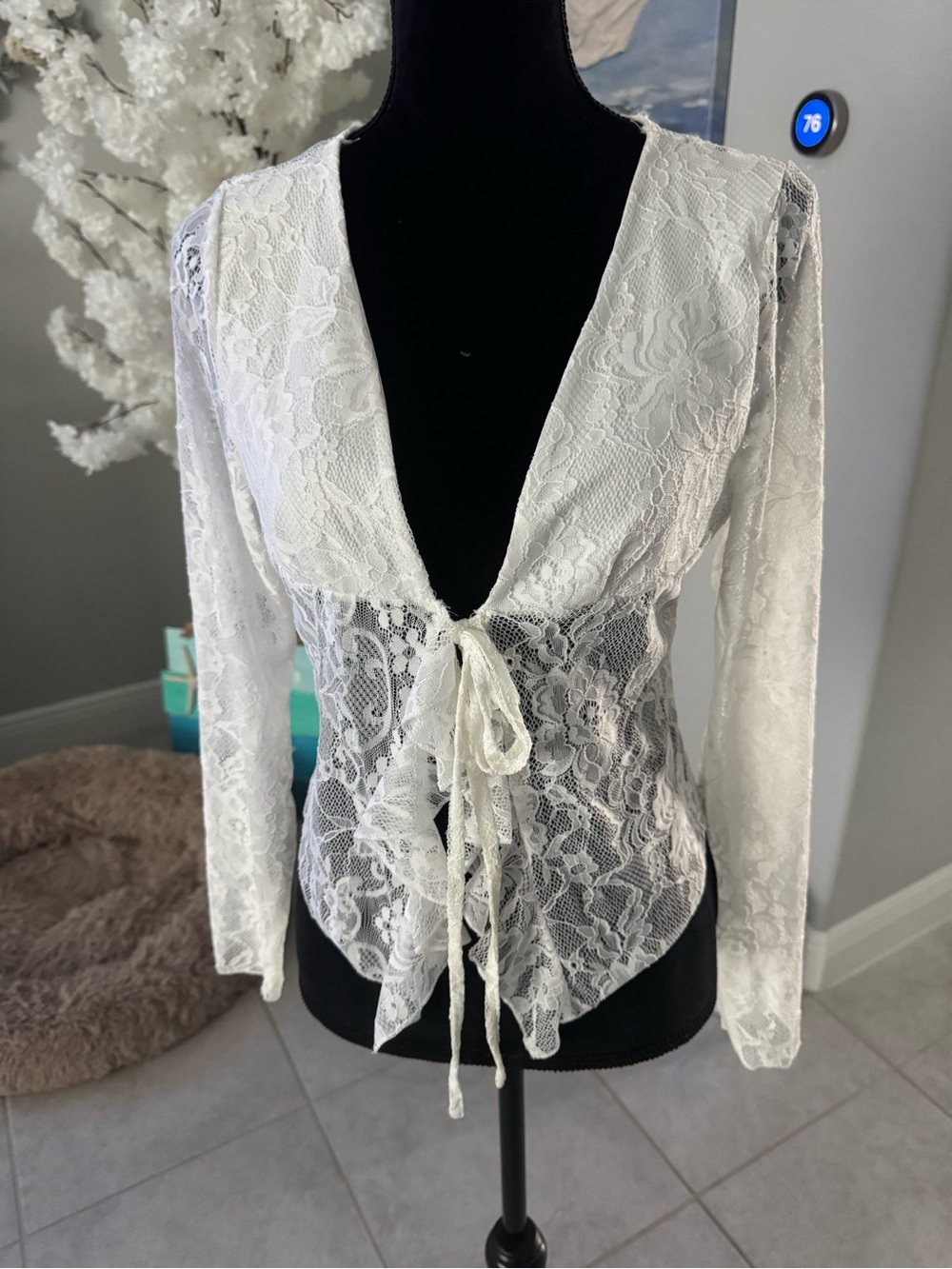 White Lace Tie-Front Sheer Blouse NWT